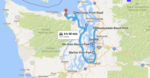Map showing a route from McCurdy Point Road to Meadowdale Beach Park, estimated travel time 4 hours 40 minutes.