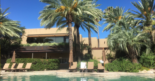 A serene pool area surrounded by palm trees and lounge chairs, with a modern building in the background under a clear blue sky.