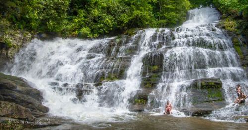 A scenic waterfall cascades over rocks, with people enjoying the water at its base surrounded by lush greenery.