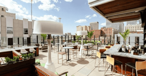 Rooftop patio with modern furniture, plants, and city skyline in the background under a clear blue sky.