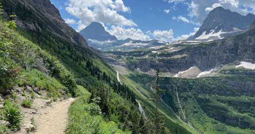 A scenic mountain landscape with a winding trail, lush greenery, and towering peaks under a partly cloudy sky.
