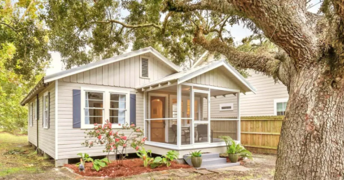 A charming single-story house with a porch, surrounded by greenery and flowers, under a large tree.