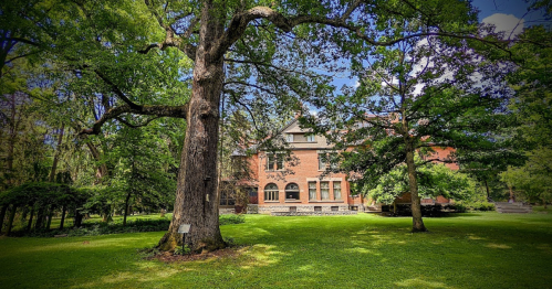A large brick house surrounded by lush green trees and grass under a clear blue sky.