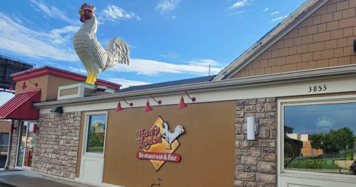 A restaurant exterior featuring a large chicken statue on the roof and a sign that reads "Hot Hogs Restaurant & Bar."