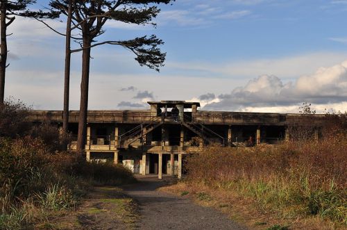Abandoned concrete building surrounded by tall grass and trees under a cloudy sky. Pathway leads to the entrance.
