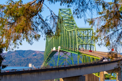 A green bridge spans a river, framed by trees, with mountains in the background under a clear blue sky.