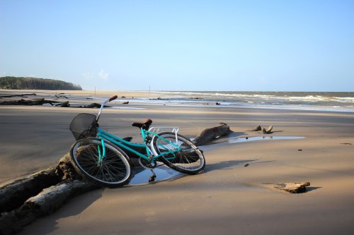 A turquoise bicycle rests on a sandy beach, with gentle waves and driftwood in the background under a clear blue sky.