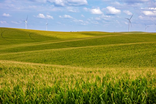 A lush green landscape of rolling hills with cornfields and wind turbines under a partly cloudy sky.
