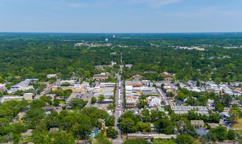 Aerial view of a tree-lined town with shops and buildings, surrounded by greenery under a clear blue sky.