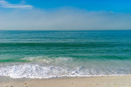 A serene beach scene with gentle waves lapping at the shore under a clear blue sky.