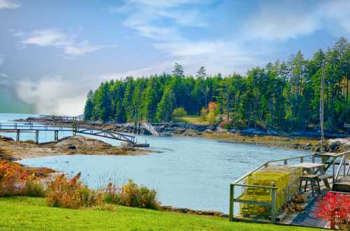 Scenic coastal view with a calm blue water, wooden docks, lush green trees, and autumn foliage along the shore.