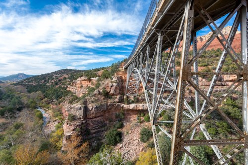 A metal bridge spans a rocky canyon, surrounded by trees and red rock formations under a blue sky with clouds.