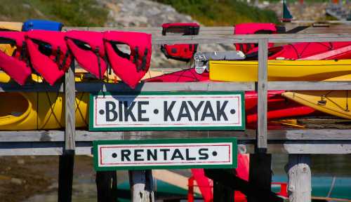 Colorful kayaks and life jackets on a dock, with signs for bike and kayak rentals.