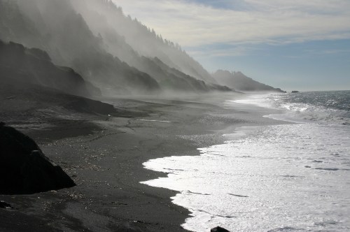 A misty coastline with dark sand, gentle waves, and fog-covered hills in the background under a cloudy sky.
