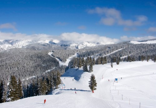 A snowy mountain landscape with skiers on slopes, surrounded by evergreen trees and distant peaks under a blue sky.