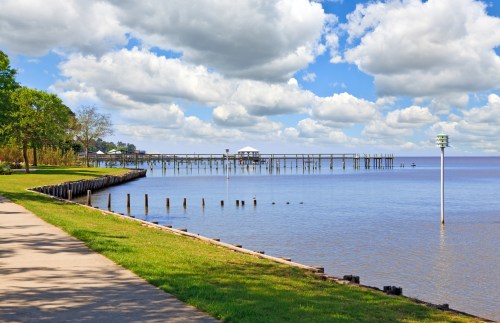 A serene lakeside view with a wooden pier, lush greenery, and fluffy clouds reflecting in the calm water.