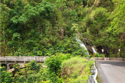 A lush green landscape with a small waterfall beside a winding road and a stone bridge.