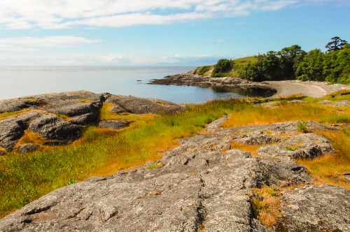 A serene coastal scene with rocky shores, grassy areas, and calm waters under a clear blue sky.