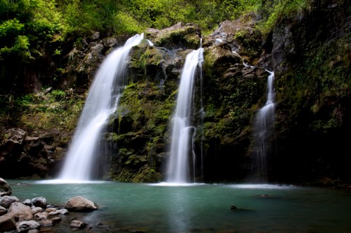 A serene waterfall cascades over moss-covered rocks into a tranquil pool surrounded by lush greenery.