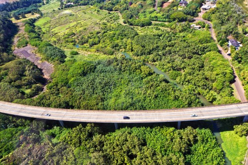 Aerial view of a curved highway over lush greenery and a winding river, with houses visible in the background.