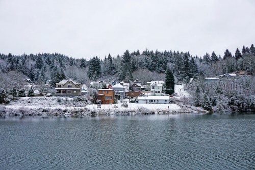 Snow-covered houses line a lakeshore, surrounded by evergreen trees under a cloudy winter sky.