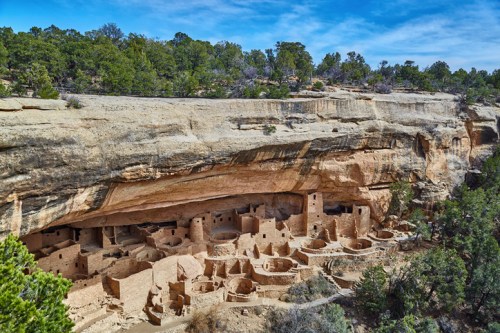 Ancient cliff dwellings nestled under a rocky overhang, surrounded by trees and blue sky.