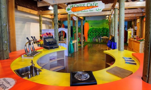Brightly colored café interior with a circular counter, kitchen equipment, and playful farm-themed decorations.