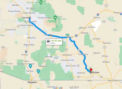 Map showing a route from Tucson to Bisbee, Arizona, with a travel time of 1 hour and 41 minutes over 97 miles.