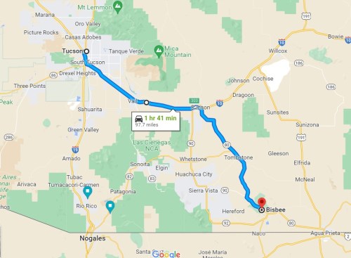 Map showing a route from Tucson to Bisbee, Arizona, with a travel time of 1 hour and 41 minutes over 97 miles.