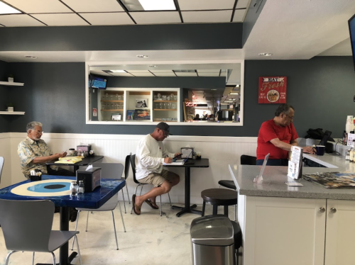 Three men are seated in a casual dining area, with one at a table and two at the counter, engaged in various activities.