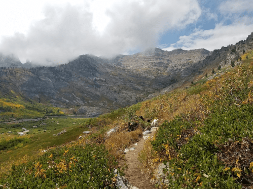 A winding trail through a mountainous landscape with rocky slopes and patches of greenery under a cloudy sky.