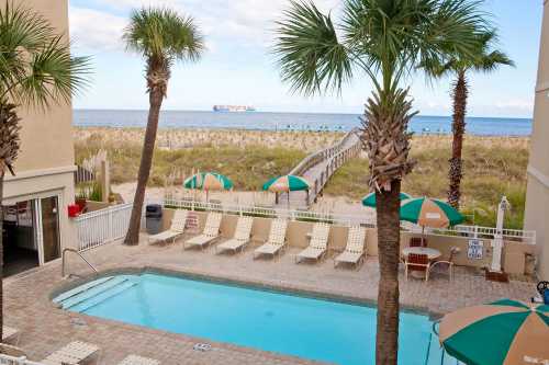 A pool surrounded by lounge chairs and palm trees, with a beach and ocean in the background.