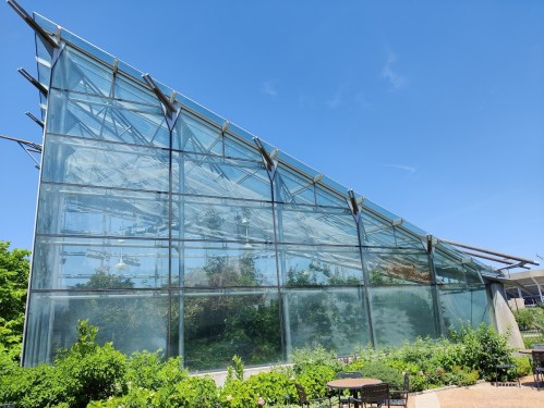 A modern glass greenhouse with a triangular roof, surrounded by greenery and outdoor seating.