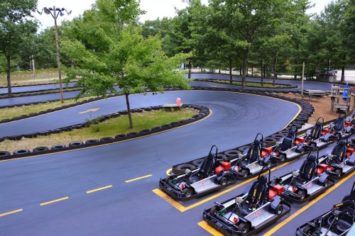 A go-kart track with several karts lined up, surrounded by trees and a winding path.