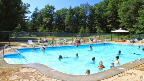 A sunny outdoor pool scene with children and adults swimming and relaxing around the pool area, surrounded by trees.
