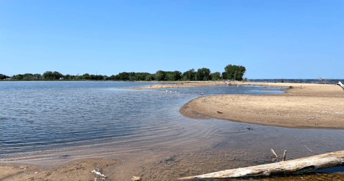 A serene landscape featuring a calm river, sandy shore, and green trees under a clear blue sky.