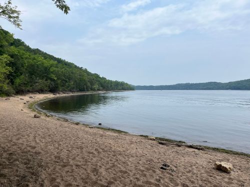 A serene lakeside view with a sandy beach, surrounded by lush green trees under a cloudy sky.
