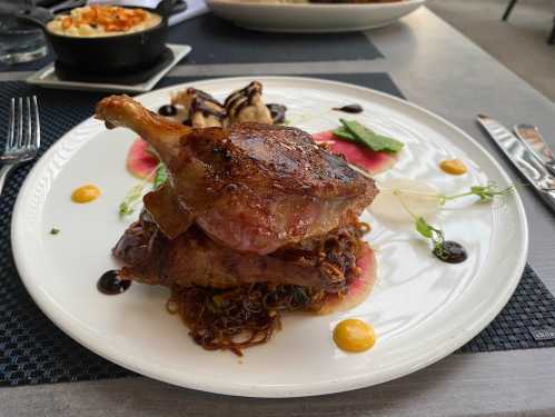 A beautifully plated dish featuring roasted chicken atop noodles, garnished with sauces and vegetables on a white plate.