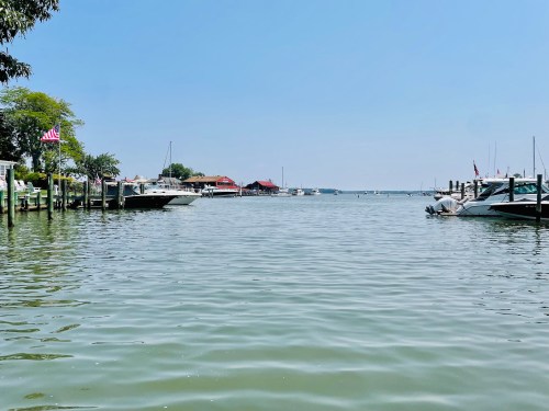 A calm waterway with boats docked, surrounded by trees and buildings under a clear blue sky.