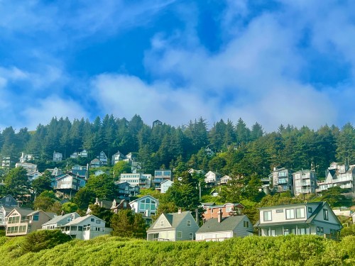 A hillside covered with colorful houses surrounded by lush trees under a blue sky with scattered clouds.