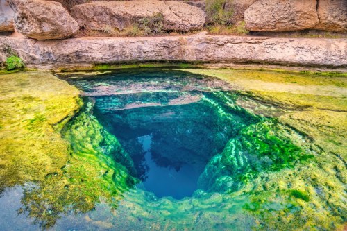 A clear, turquoise natural spring surrounded by rocky terrain and green algae.