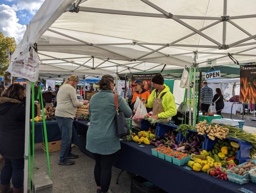 A bustling farmers market with vendors selling fresh produce under white tents, shoppers browsing and purchasing items.