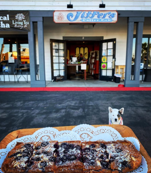 A tray of pastries in front of Jitter's Coffee Pub, with a dog waiting nearby.