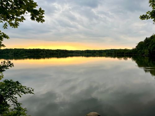 A tranquil lake at sunset, reflecting clouds and trees, with a soft golden glow on the water's surface.