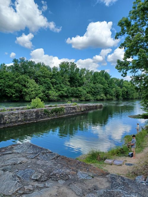 A serene river scene with lush greenery, a clear blue sky, and a person fishing by the water's edge.