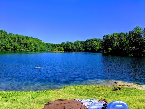 A serene lake surrounded by lush greenery under a clear blue sky, with a blanket and inflatable rings on the grass.