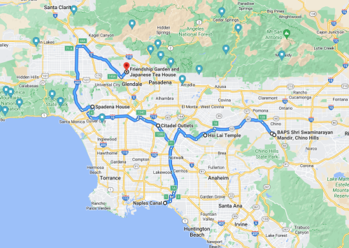 Map showing a route through Southern California, highlighting locations like Friendship Garden and Japanese Tea House.
