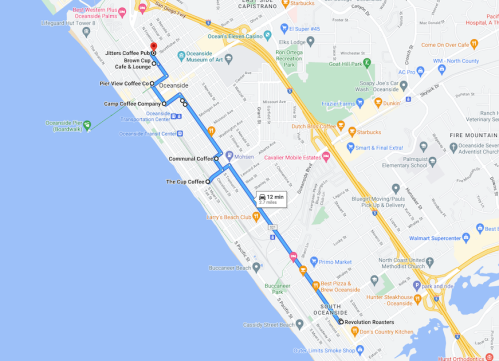 Map showing a route in Oceanside, California, highlighting coffee shops and the distance of 12 minutes.