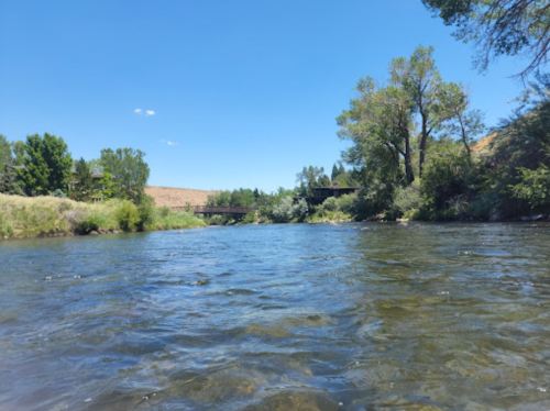 A serene river scene with clear water, lush greenery, and a bridge in the background under a bright blue sky.