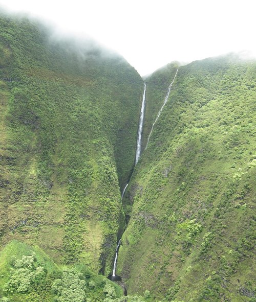 A stunning waterfall cascading down steep, lush green cliffs, surrounded by mist and vibrant vegetation.